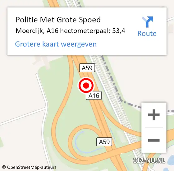 Locatie op kaart van de 112 melding: Politie Met Grote Spoed Naar Moerdijk, A16 hectometerpaal: 53,4 op 29 mei 2023 08:12