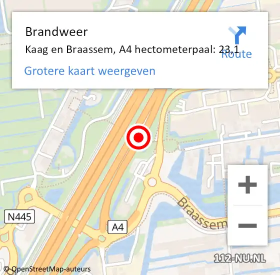 Locatie op kaart van de 112 melding: Brandweer Kaag en Braassem, A4 hectometerpaal: 23,1 op 29 mei 2023 08:17