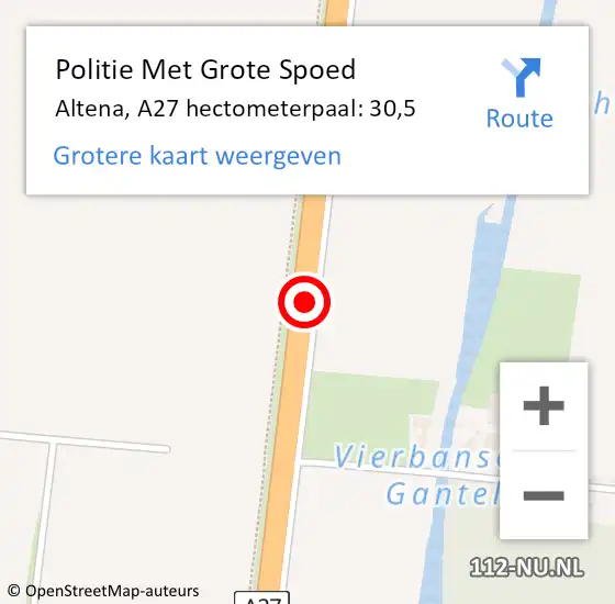 Locatie op kaart van de 112 melding: Politie Met Grote Spoed Naar Altena, A27 hectometerpaal: 30,5 op 29 mei 2023 08:46