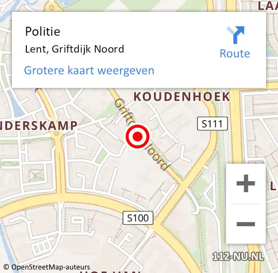 Locatie op kaart van de 112 melding: Politie Lent, Griftdijk Noord op 27 augustus 2014 07:39