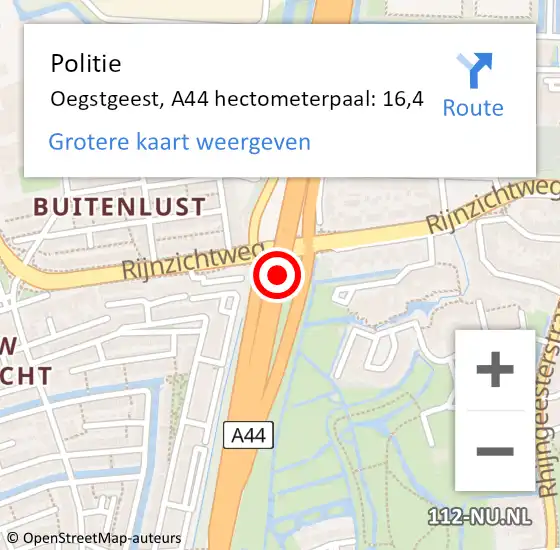 Locatie op kaart van de 112 melding: Politie Oegstgeest, A44 hectometerpaal: 16,4 op 29 mei 2023 09:16