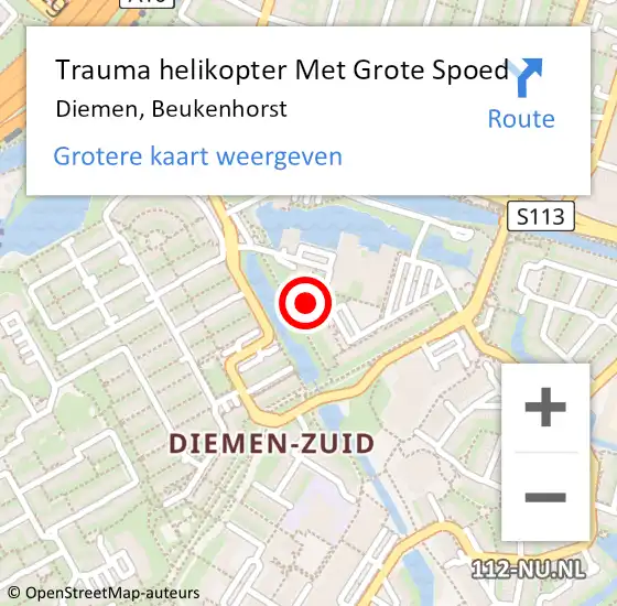 Locatie op kaart van de 112 melding: Trauma helikopter Met Grote Spoed Naar Diemen, Beukenhorst op 29 mei 2023 09:45
