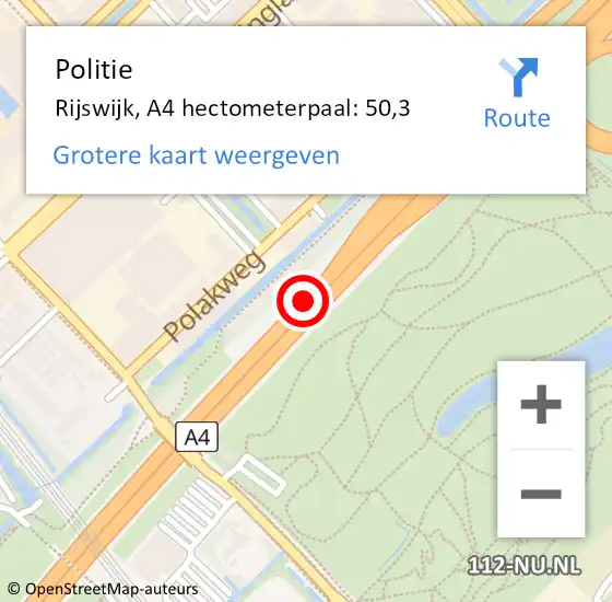 Locatie op kaart van de 112 melding: Politie Rijswijk, A4 hectometerpaal: 50,3 op 29 mei 2023 10:00