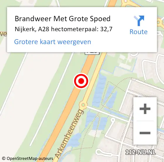 Locatie op kaart van de 112 melding: Brandweer Met Grote Spoed Naar Nijkerk, A28 hectometerpaal: 32,7 op 29 mei 2023 13:33