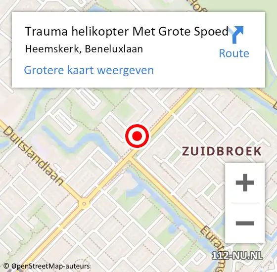 Locatie op kaart van de 112 melding: Trauma helikopter Met Grote Spoed Naar Heemskerk, Beneluxlaan op 29 mei 2023 14:08