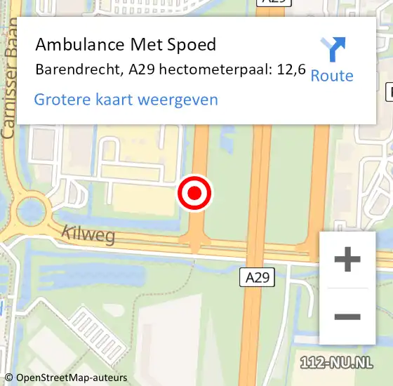Locatie op kaart van de 112 melding: Ambulance Met Spoed Naar Barendrecht, A29 hectometerpaal: 12,6 op 29 mei 2023 15:01