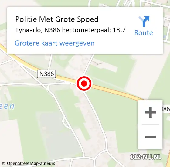 Locatie op kaart van de 112 melding: Politie Met Grote Spoed Naar Tynaarlo, N386 hectometerpaal: 18,7 op 29 mei 2023 15:31