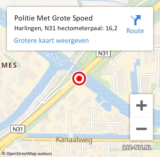 Locatie op kaart van de 112 melding: Politie Met Grote Spoed Naar Harlingen, N31 hectometerpaal: 16,2 op 29 mei 2023 15:37