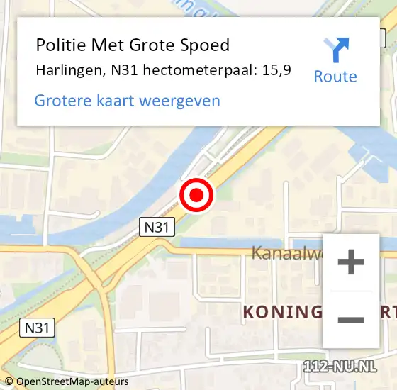 Locatie op kaart van de 112 melding: Politie Met Grote Spoed Naar Harlingen, N31 hectometerpaal: 15,9 op 29 mei 2023 15:39