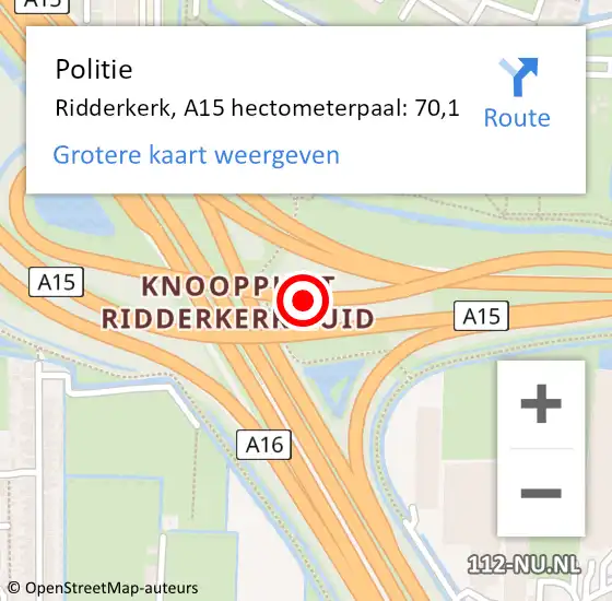 Locatie op kaart van de 112 melding: Politie Ridderkerk, A15 hectometerpaal: 70,1 op 29 mei 2023 16:18
