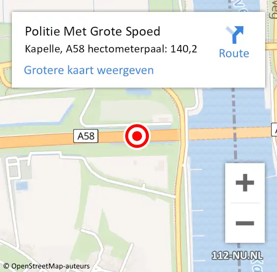 Locatie op kaart van de 112 melding: Politie Met Grote Spoed Naar Kapelle, A58 hectometerpaal: 140,2 op 29 mei 2023 17:30