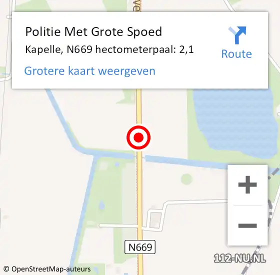 Locatie op kaart van de 112 melding: Politie Met Grote Spoed Naar Kapelle, N669 hectometerpaal: 2,1 op 29 mei 2023 17:31
