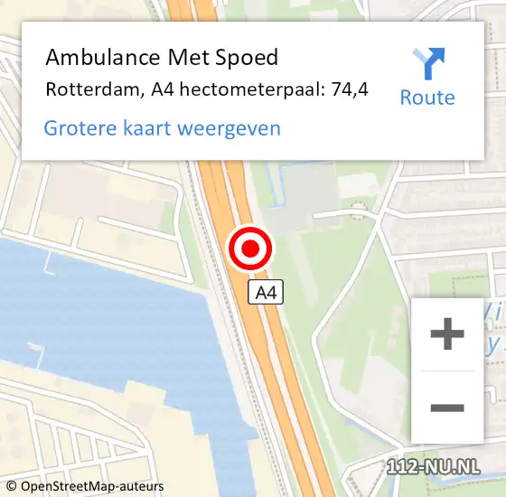 Locatie op kaart van de 112 melding: Ambulance Met Spoed Naar Rotterdam, A4 hectometerpaal: 74,4 op 29 mei 2023 17:51