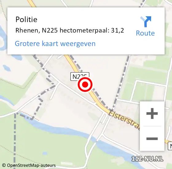Locatie op kaart van de 112 melding: Politie Rhenen, N225 hectometerpaal: 31,2 op 29 mei 2023 19:26