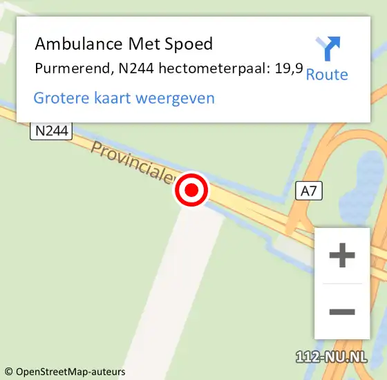 Locatie op kaart van de 112 melding: Ambulance Met Spoed Naar Purmerend, N244 hectometerpaal: 19,9 op 29 mei 2023 19:59