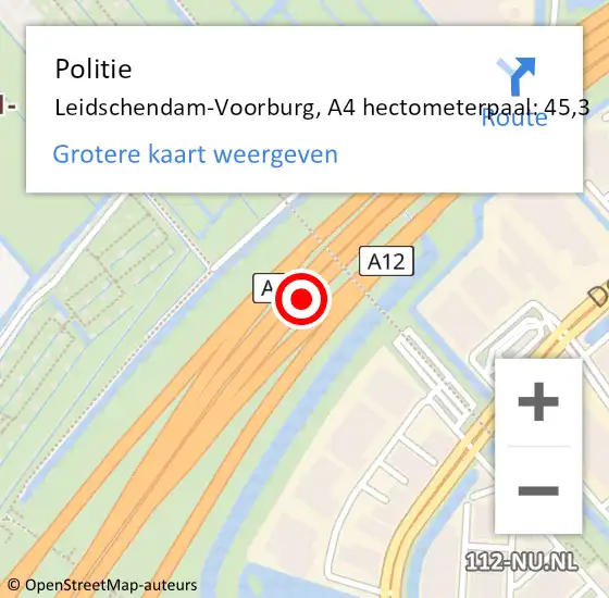 Locatie op kaart van de 112 melding: Politie Leidschendam-Voorburg, A4 hectometerpaal: 45,3 op 29 mei 2023 20:58