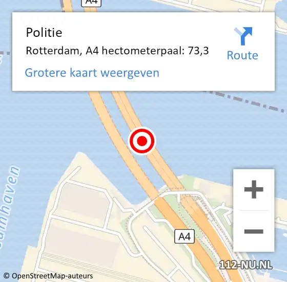 Locatie op kaart van de 112 melding: Politie Rotterdam, A4 hectometerpaal: 73,3 op 30 mei 2023 08:22