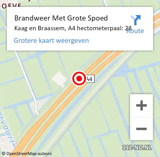 Locatie op kaart van de 112 melding: Brandweer Met Grote Spoed Naar Kaag en Braassem, A4 hectometerpaal: 28 op 30 mei 2023 08:49