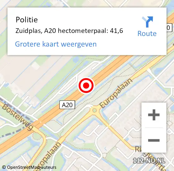 Locatie op kaart van de 112 melding: Politie Zuidplas, A20 hectometerpaal: 41,6 op 30 mei 2023 09:04