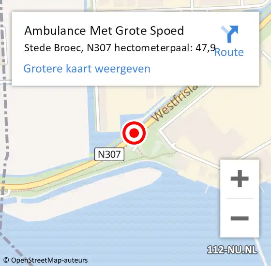 Locatie op kaart van de 112 melding: Ambulance Met Grote Spoed Naar Stede Broec, N307 hectometerpaal: 47,9 op 30 mei 2023 10:03