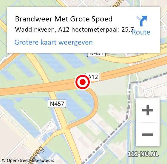 Locatie op kaart van de 112 melding: Brandweer Met Grote Spoed Naar Waddinxveen, A12 hectometerpaal: 25,7 op 30 mei 2023 10:48