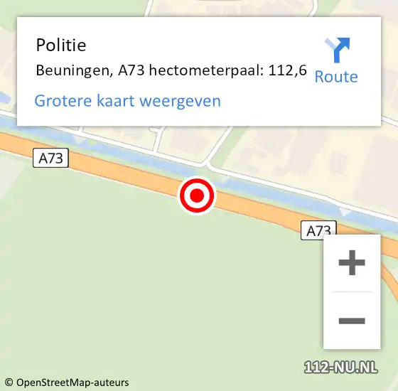 Locatie op kaart van de 112 melding: Politie Beuningen, A73 hectometerpaal: 112,6 op 30 mei 2023 12:18