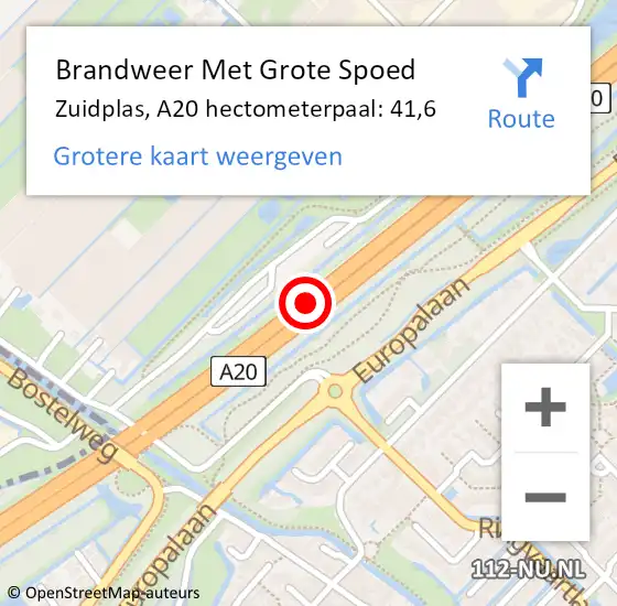 Locatie op kaart van de 112 melding: Brandweer Met Grote Spoed Naar Zuidplas, A20 hectometerpaal: 41,6 op 30 mei 2023 12:41