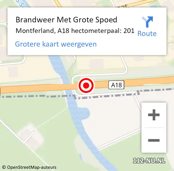 Locatie op kaart van de 112 melding: Brandweer Met Grote Spoed Naar Montferland, A18 hectometerpaal: 201 op 30 mei 2023 13:42