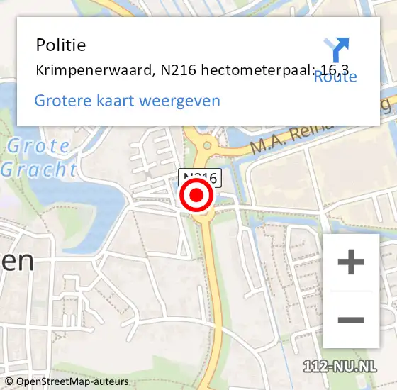 Locatie op kaart van de 112 melding: Politie Krimpenerwaard, N216 hectometerpaal: 16,3 op 30 mei 2023 14:55