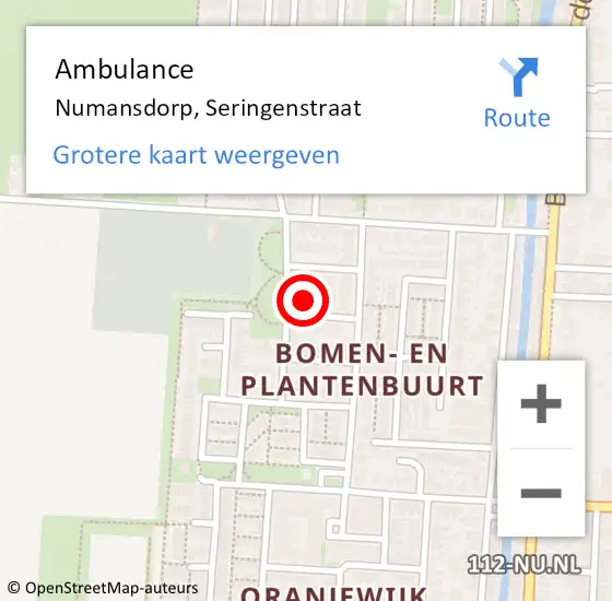 Locatie op kaart van de 112 melding: Ambulance Numansdorp, Seringenstraat op 27 augustus 2014 10:08