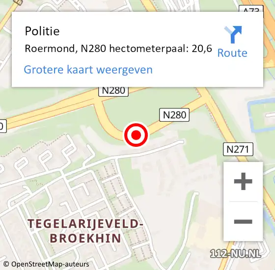 Locatie op kaart van de 112 melding: Politie Roermond, N280 hectometerpaal: 20,6 op 30 mei 2023 17:21