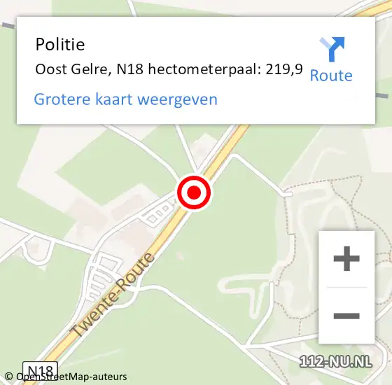 Locatie op kaart van de 112 melding: Politie Oost Gelre, N18 hectometerpaal: 219,9 op 30 mei 2023 17:24