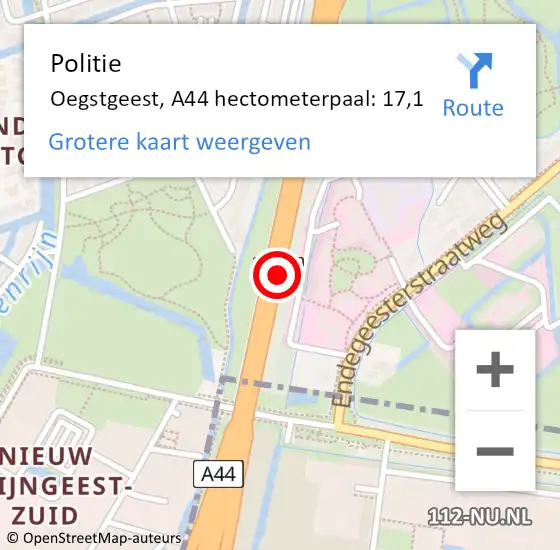 Locatie op kaart van de 112 melding: Politie Oegstgeest, A44 hectometerpaal: 17,1 op 30 mei 2023 17:52