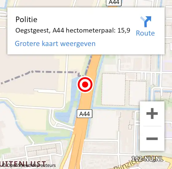 Locatie op kaart van de 112 melding: Politie Oegstgeest, A44 hectometerpaal: 15,9 op 30 mei 2023 18:09