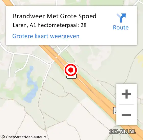 Locatie op kaart van de 112 melding: Brandweer Met Grote Spoed Naar Laren, A1 hectometerpaal: 28 op 30 mei 2023 18:30