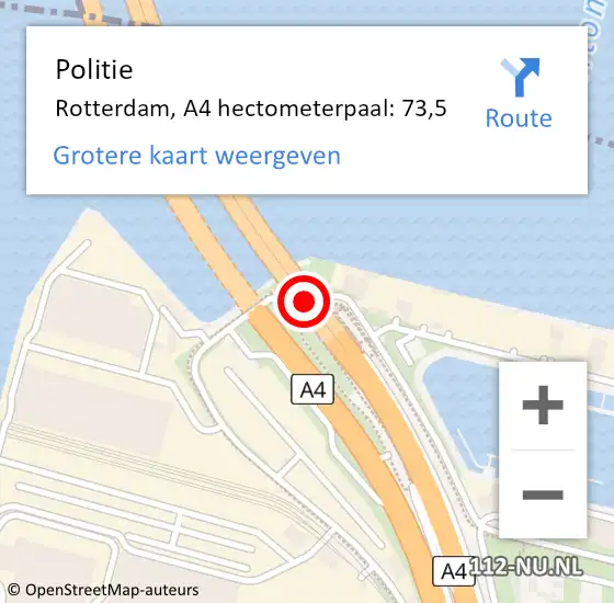 Locatie op kaart van de 112 melding: Politie Rotterdam, A4 hectometerpaal: 73,5 op 30 mei 2023 18:47