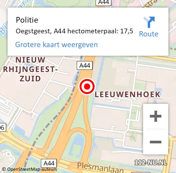 Locatie op kaart van de 112 melding: Politie Oegstgeest, A44 hectometerpaal: 17,5 op 30 mei 2023 19:06