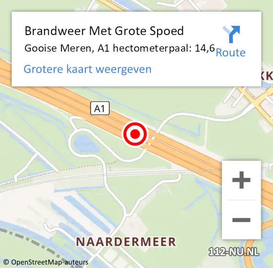 Locatie op kaart van de 112 melding: Brandweer Met Grote Spoed Naar Gooise Meren, A1 hectometerpaal: 14,6 op 30 mei 2023 19:32