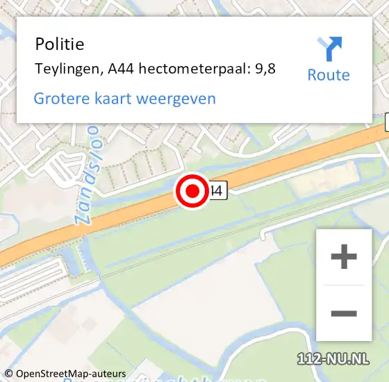 Locatie op kaart van de 112 melding: Politie Teylingen, A44 hectometerpaal: 9,8 op 30 mei 2023 21:50