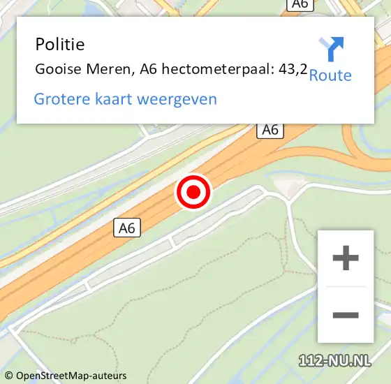 Locatie op kaart van de 112 melding: Politie Gooise Meren, A6 hectometerpaal: 43,2 op 30 mei 2023 22:03