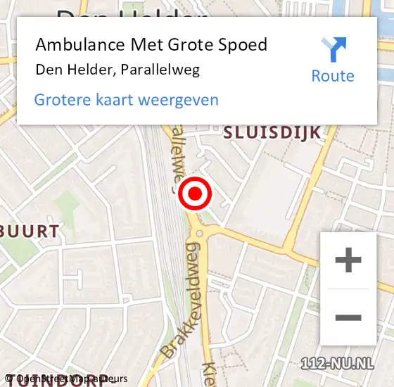 Locatie op kaart van de 112 melding: Ambulance Met Grote Spoed Naar Den Helder, Parallelweg op 31 mei 2023 00:40