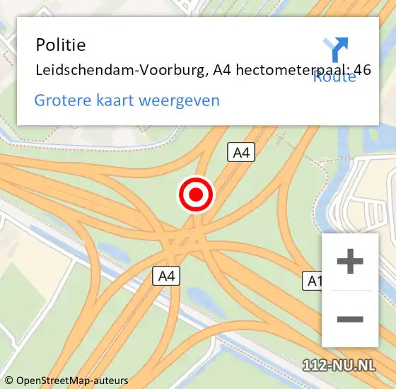 Locatie op kaart van de 112 melding: Politie Leidschendam-Voorburg, A4 hectometerpaal: 46 op 31 mei 2023 01:27