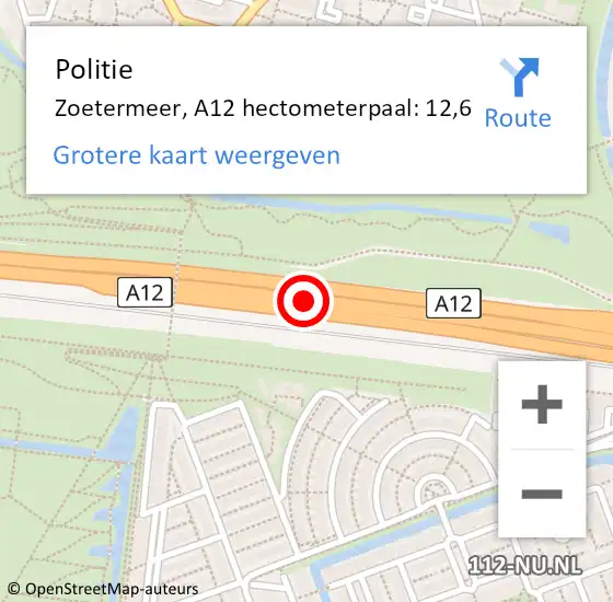 Locatie op kaart van de 112 melding: Politie Zoetermeer, A12 hectometerpaal: 12,6 op 31 mei 2023 04:36