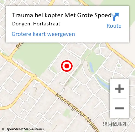 Locatie op kaart van de 112 melding: Trauma helikopter Met Grote Spoed Naar Dongen, Hortastraat op 31 mei 2023 06:08