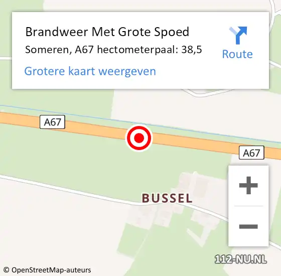 Locatie op kaart van de 112 melding: Brandweer Met Grote Spoed Naar Someren, A67 hectometerpaal: 38,5 op 31 mei 2023 07:52