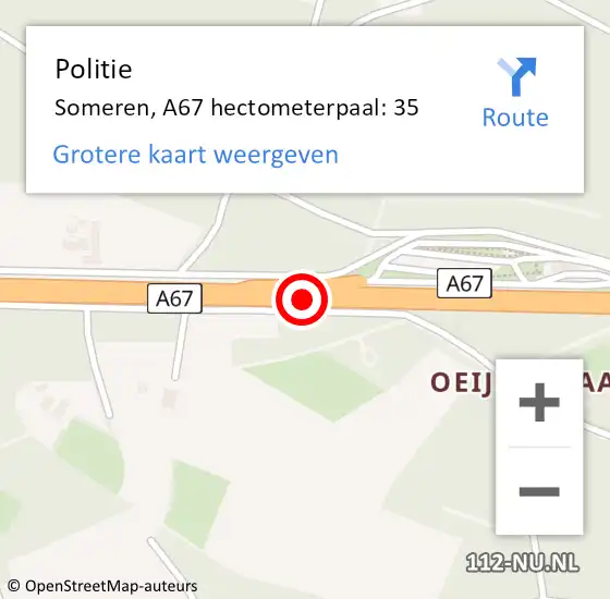 Locatie op kaart van de 112 melding: Politie Someren, A67 hectometerpaal: 35 op 31 mei 2023 07:53