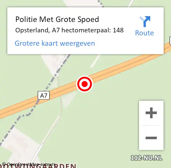 Locatie op kaart van de 112 melding: Politie Met Grote Spoed Naar Opsterland, A7 hectometerpaal: 148 op 31 mei 2023 07:54