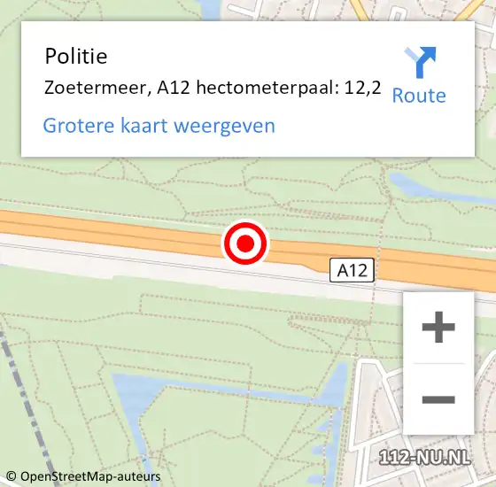 Locatie op kaart van de 112 melding: Politie Zoetermeer, A12 hectometerpaal: 12,2 op 31 mei 2023 07:56