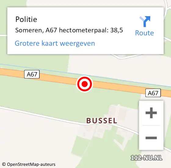 Locatie op kaart van de 112 melding: Politie Someren, A67 hectometerpaal: 38,5 op 31 mei 2023 07:57