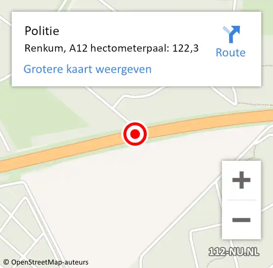 Locatie op kaart van de 112 melding: Politie Renkum, A12 hectometerpaal: 122,3 op 31 mei 2023 07:58